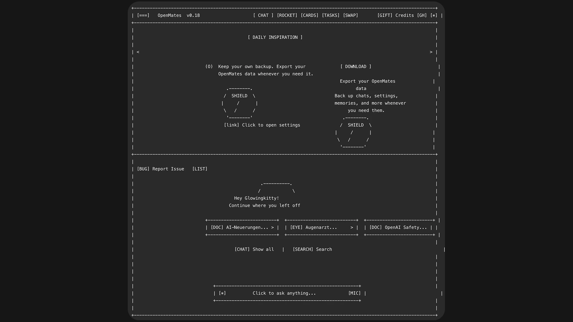 An ASCII wireframe of the OpenMates interface, showing navigation, an inspiration card, recent chats, and the message input.