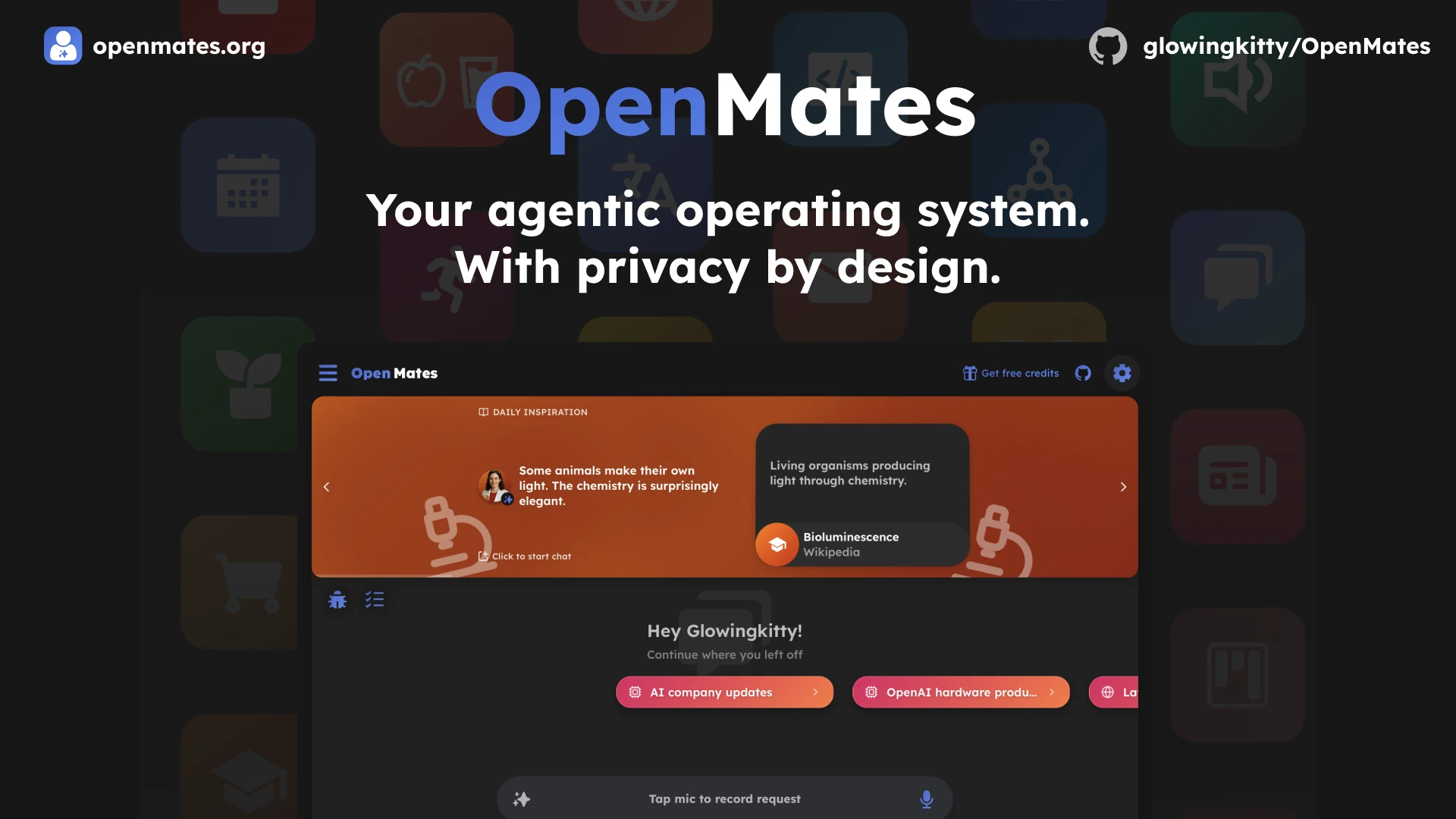 OpenMates branding above its interface, with a daily inspiration card and recent conversations.