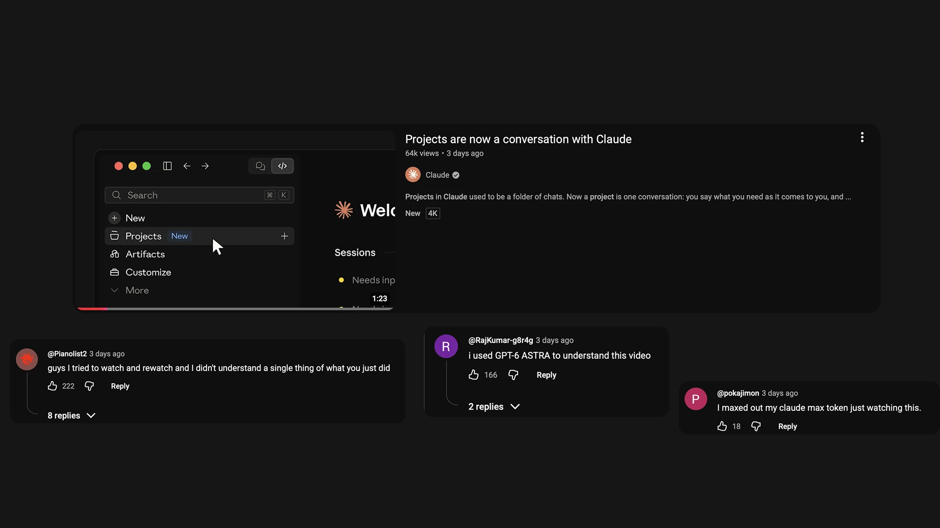 Claude’s Projects video preview alongside three viewer comments expressing confusion or frustration.