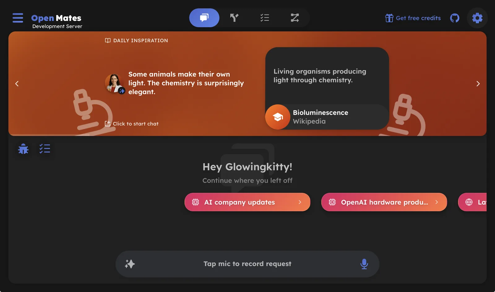 OpenMates web app showing the daily inspiration interface
